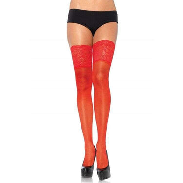 Calze velate in lycra con top in pizzo silicone rosso da 5 pollici